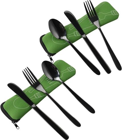 طقم أدوات سفرة من الفولاذ المقاوم للصدأ من Vababa 3 قطع أسود للسفر، أدوات مائدة للتخييم مع حقيبة حمل in Kuwait