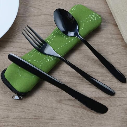 طقم أدوات سفرة من الفولاذ المقاوم للصدأ من Vababa 3 قطع أسود للسفر، أدوات مائدة للتخييم مع حقيبة حمل in Kuwait