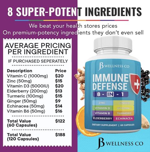 JB WELLNESS CO Immune Support 8 in 1 Capsules - Zinc Supplement, Vitamin D3 5000 IU, Vitamin C 1000MG and Elderberry - Immune Booster Supplement with Echinacea, Ginger Root, and Turmeric in Saudi Arabia