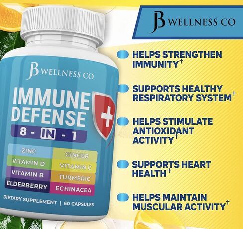 JB WELLNESS CO Immune Support 8 in 1 Capsules - Zinc Supplement, Vitamin D3 5000 IU, Vitamin C 1000MG and Elderberry - Immune Booster Supplement with Echinacea, Ginger Root, and Turmeric in Saudi Arabia