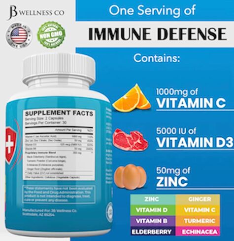 JB WELLNESS CO Immune Support 8 in 1 Capsules - Zinc Supplement, Vitamin D3 5000 IU, Vitamin C 1000MG and Elderberry - Immune Booster Supplement with Echinacea, Ginger Root, and Turmeric in Saudi Arabia