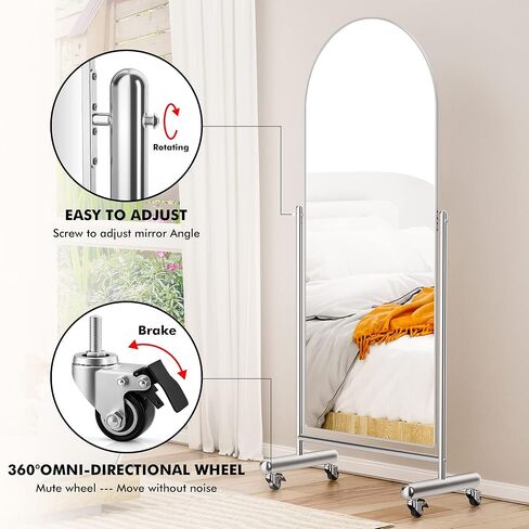 AISUNDY Full Length Mirror with Rolling Wheels, 65"x23" Sleek Arched Standing Mirror Floor Mirror, Large Tilting Swivel Mirror with Stainless Steel Stands, Modern Dressing Mirror Body Mirror in Kuwait