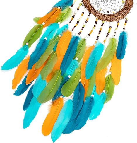 صائدة الأحلام صائدة الأحلام، منسوجة يدويًا من الروطان الطبيعي، ريش الإوز النابض بالحياة، خرزات خشبية، مصنوعة يدويًا لتزيين حائط غرفة نوم السيارة في المنزل، هدية عيد الميلاد، زخارف معلقة - العلامة التجارية HOLSM-III® in Kuwait