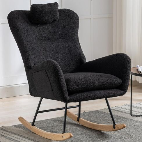 Tiophome Nursery Rocking Glider Rocker Accent Chairs Upholstered Seat with High Backrest & Headrest, Comfy Window Side Armchair Sofa for Nursing, Living Room, Bedroom, Office,Teddy Fleece, Black in Saudi Arabia