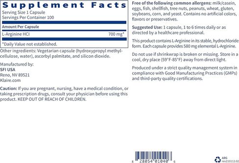 Klaire Labs L-Arginine HCl 700 ملغ - الطاقة والتمثيل الغذائي ودعم المناعة - مكملات L-Arginine الخالية من الغلوتين - L-Arginine المضاد للحساسية للرجال والنساء (100 كبسولة) in Kuwait
