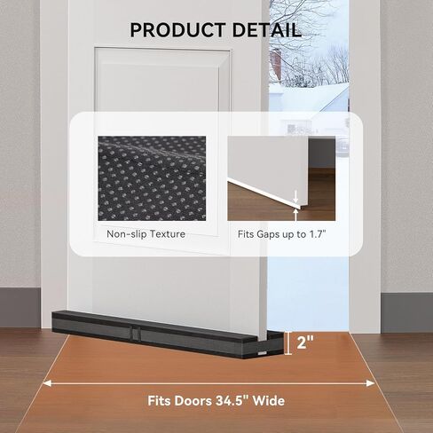 ASWEI سدادة مسودة تحت الباب، سدادات مسودة 34.5 بوصة لأسفل الباب، مانع ضوضاء الباب قابل للإزالة وقابل للتعديل مع شريط فيلكرو، باب قابل لإعادة الاستخدام ولا يسبب ضررًا (أسود) in Kuwait