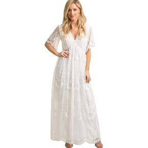 فستان نسائي طويل بياقة على شكل V للسهرات والحمل كاجوال بأكمام قصيرة من الدانتيل بوهو لحفلات الزفاف وحفلات الكوكتيل بطول الأرض فستان طويل للصيف والحمل وحفلات استقبال المولود الجديد للتصوير الفوتوغرافي باللون الأبيض in Kuwait
