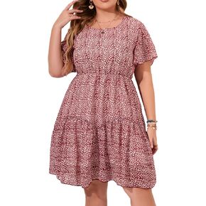 HBEYYTO Women's Plus Size Floral Print Boho Beach Dress Casual Ruffle Sleeve Elastic Waist Swing Chiffon Sundress