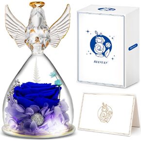 Mothers Day Rose Gifts for Grandma, Womens Angel Blue Rose Gifts on Birthday for Her, Mother's Day Roses Gift Ideas for Wife, LED Light Preserved Rose in Glass Angel Figurines, Mom Gifts from Daughter