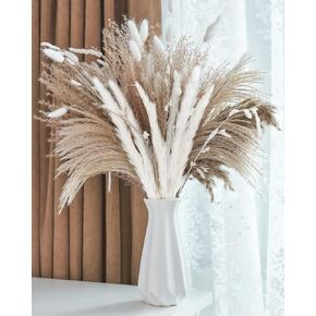 100 قطعة من عشب بامباس لديكور غرفة المنزل البوهيمي، زهور بامباس المنفوش باللون البني والأبيض الطبيعي، باقة زهور مجففة 43.18 سم لطاولة غرفة النوم الغربية، حمام الزفاف، ديكور حمام الطفل in Kuwait