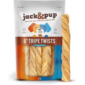 Jack & Pup 12 "Tripe Twist للكلاب | مضغ الكلب الخالي من الجلود الخام يدوم طويلاً | مكون واحد منخفض السعرات الحرارية للكلاب | لا يخفي مضغ الكلب أمعاء كبيرة للكلاب (لحم البقر - 15 عددًا) in Kuwait