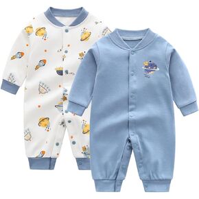 2 Pack Baby Boy Rompers Newborn Clothes With Snap Button | 100% Cotton Footless Baby Jumpsuit,Long Sleeve Newborn Outfit Sets,Cartoon Print,Snug Fit in Kuwait