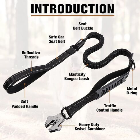 LIIIIIIKES Heavy Duty Dog Leash, Adjustable Dog Leash with Car Seat Belt, 4-5FT Power Stretch Dog Leash, Heavy Duty Tactical Load Bearing Connector Quick Release/Clamp Dog Collar (Black) in Saudi Arabia