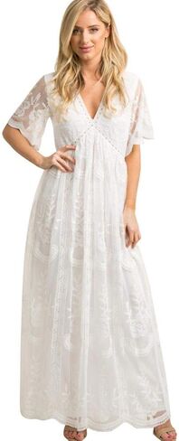 فستان نسائي طويل بياقة على شكل V للسهرات والحمل كاجوال بأكمام قصيرة من الدانتيل بوهو لحفلات الزفاف وحفلات الكوكتيل بطول الأرض فستان طويل للصيف والحمل وحفلات استقبال المولود الجديد للتصوير الفوتوغرافي باللون الأبيض in Kuwait