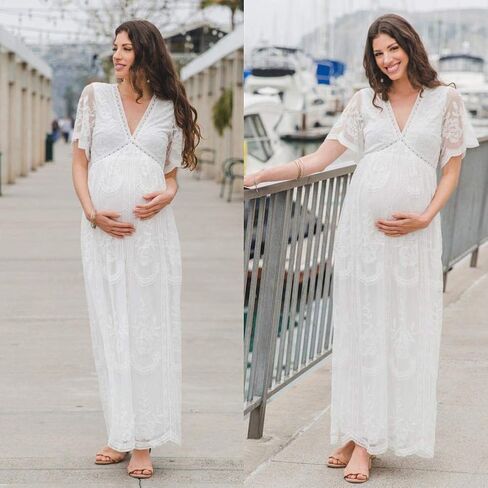 فستان نسائي طويل بياقة على شكل V للسهرات والحمل كاجوال بأكمام قصيرة من الدانتيل بوهو لحفلات الزفاف وحفلات الكوكتيل بطول الأرض فستان طويل للصيف والحمل وحفلات استقبال المولود الجديد للتصوير الفوتوغرافي باللون الأبيض in Kuwait