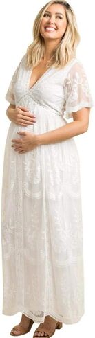 فستان نسائي طويل بياقة على شكل V للسهرات والحمل كاجوال بأكمام قصيرة من الدانتيل بوهو لحفلات الزفاف وحفلات الكوكتيل بطول الأرض فستان طويل للصيف والحمل وحفلات استقبال المولود الجديد للتصوير الفوتوغرافي باللون الأبيض in Kuwait