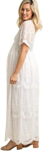 فستان نسائي طويل بياقة على شكل V للسهرات والحمل كاجوال بأكمام قصيرة من الدانتيل بوهو لحفلات الزفاف وحفلات الكوكتيل بطول الأرض فستان طويل للصيف والحمل وحفلات استقبال المولود الجديد للتصوير الفوتوغرافي باللون الأبيض in Kuwait