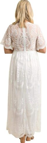 فستان نسائي طويل بياقة على شكل V للسهرات والحمل كاجوال بأكمام قصيرة من الدانتيل بوهو لحفلات الزفاف وحفلات الكوكتيل بطول الأرض فستان طويل للصيف والحمل وحفلات استقبال المولود الجديد للتصوير الفوتوغرافي باللون الأبيض in Kuwait