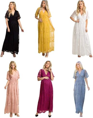 فستان نسائي طويل بياقة على شكل V للسهرات والحمل كاجوال بأكمام قصيرة من الدانتيل بوهو لحفلات الزفاف وحفلات الكوكتيل بطول الأرض فستان طويل للصيف والحمل وحفلات استقبال المولود الجديد للتصوير الفوتوغرافي باللون الأبيض in Kuwait