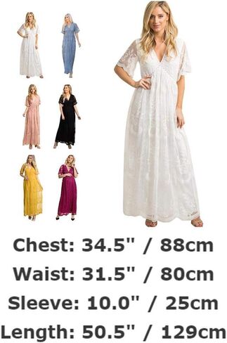 فستان نسائي طويل بياقة على شكل V للسهرات والحمل كاجوال بأكمام قصيرة من الدانتيل بوهو لحفلات الزفاف وحفلات الكوكتيل بطول الأرض فستان طويل للصيف والحمل وحفلات استقبال المولود الجديد للتصوير الفوتوغرافي باللون الأبيض in Kuwait