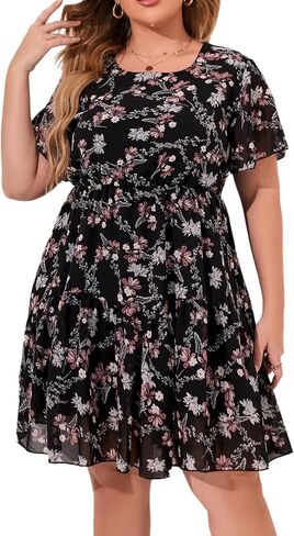 HBEYYTO Women's Plus Size Floral Print Boho Beach Dress Casual Ruffle Sleeve Elastic Waist Swing Chiffon Sundress in Saudi Arabia