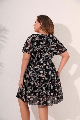 HBEYYTO Women's Plus Size Floral Print Boho Beach Dress Casual Ruffle Sleeve Elastic Waist Swing Chiffon Sundress in Saudi Arabia