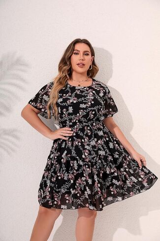 HBEYYTO Women's Plus Size Floral Print Boho Beach Dress Casual Ruffle Sleeve Elastic Waist Swing Chiffon Sundress in Saudi Arabia