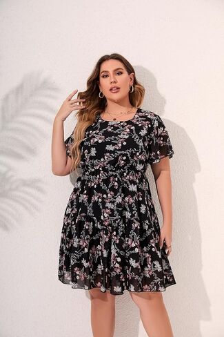 HBEYYTO Women's Plus Size Floral Print Boho Beach Dress Casual Ruffle Sleeve Elastic Waist Swing Chiffon Sundress in Saudi Arabia