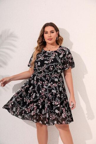 HBEYYTO Women's Plus Size Floral Print Boho Beach Dress Casual Ruffle Sleeve Elastic Waist Swing Chiffon Sundress in Saudi Arabia