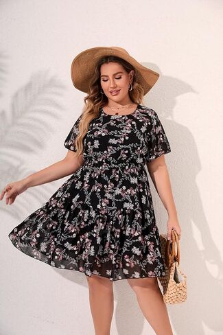 HBEYYTO Women's Plus Size Floral Print Boho Beach Dress Casual Ruffle Sleeve Elastic Waist Swing Chiffon Sundress in Saudi Arabia