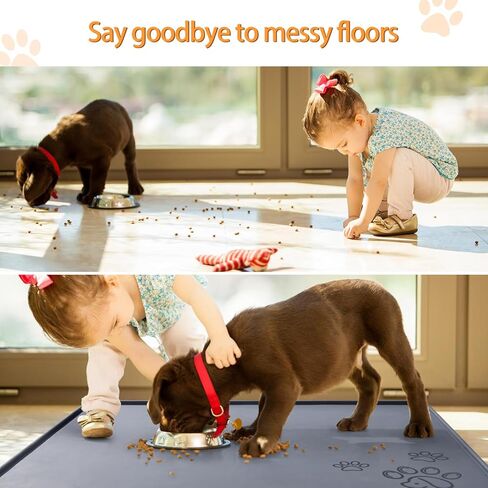 Silicone Pet Food Mat, Dog Feeding Mat and Water Bowl Placemat, Dishwasher Safe, Raised Edges to Prevent Spills, Non-Slip Waterproof Tray to Stop Messes on Floor in Kuwait