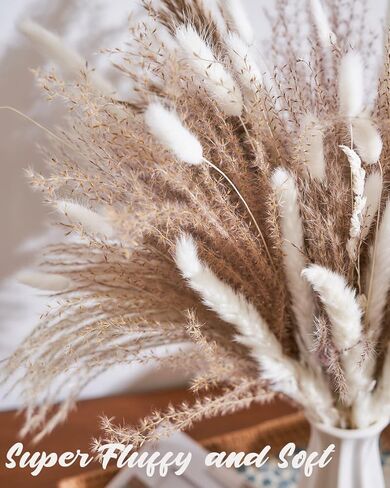 100 قطعة من عشب بامباس لديكور غرفة المنزل البوهيمي، زهور بامباس المنفوش باللون البني والأبيض الطبيعي، باقة زهور مجففة 43.18 سم لطاولة غرفة النوم الغربية، حمام الزفاف، ديكور حمام الطفل in Kuwait