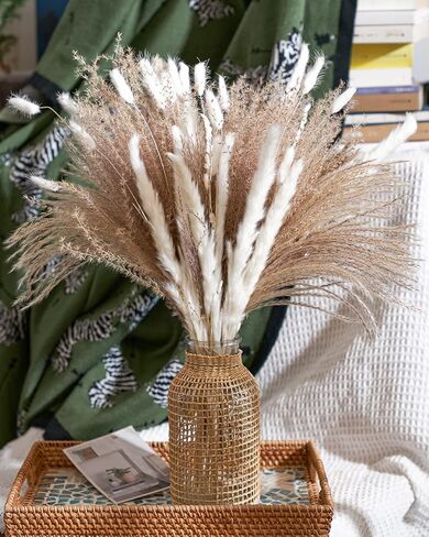 100 قطعة من عشب بامباس لديكور غرفة المنزل البوهيمي، زهور بامباس المنفوش باللون البني والأبيض الطبيعي، باقة زهور مجففة 43.18 سم لطاولة غرفة النوم الغربية، حمام الزفاف، ديكور حمام الطفل in Kuwait