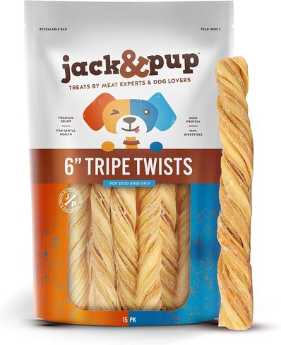 Jack & Pup 12 "Tripe Twist للكلاب | مضغ الكلب الخالي من الجلود الخام يدوم طويلاً | مكون واحد منخفض السعرات الحرارية للكلاب | لا يخفي مضغ الكلب أمعاء كبيرة للكلاب (لحم البقر - 15 عددًا) in Kuwait
