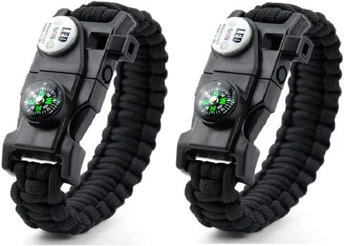 GALAXYLENSE 21 in 1 Survival Bracelet, Paracord Emergency Outdoor Sports Wristband Kit Waterproof Compass, LED Light, Thermometer, Rescue Whistle, Fire Starter.. 21 Tools 2 Sets Black in Saudi Arabia