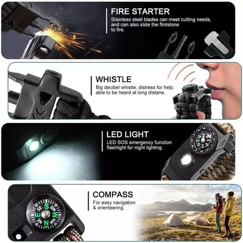 GALAXYLENSE 21 in 1 Survival Bracelet, Paracord Emergency Outdoor Sports Wristband Kit Waterproof Compass, LED Light, Thermometer, Rescue Whistle, Fire Starter.. 21 Tools 2 Sets Black in Saudi Arabia