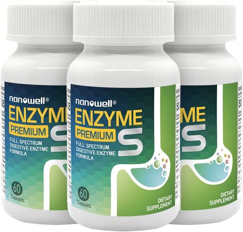 NANOWELL Enzyme Premium S Digestive Health Supplement, Multi Enzymes, Bromelain from Pineapple, Papain from Papaya - 60 Capsules X 3 Bottles (180 Count) in Kuwait