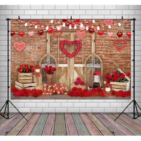 Lofaris Happy Valentine's Mother’s Day Photography Backdrops Brick Wall Wood Door and Red Rose Flower Love Heart Lights Background Birthday Baby Shower Party Decorations Portrait Photo Booth Props in Kuwait