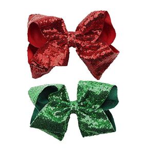 FREEZH Party Hair Bows Clips 2Pcs Large Bling Sparkly Glitter Sequins Alligator Nylon Mesh Ribbon Bowknot Hairpins For Women Girls Kids Christmas Red Green, 2 Count (Pack of 1) in Saudi Arabia