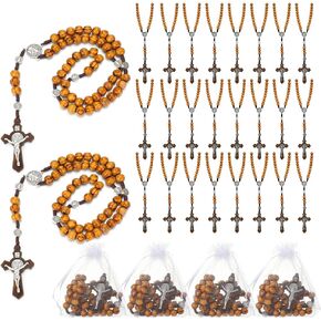 Equsion 24 Set Wooden Bead Rosary Necklace Catholic Rosary Wood Carved Beads with Jesus Cross Our Father Solid Wooden Rosary Beads with Organza Bag Pouch Baptism Favors Catholic Gift