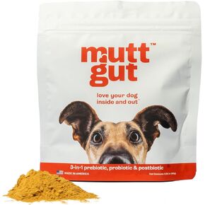 مسحوق مكمل غذائي من MuttGut Dog البريبايوتيك والبروبيوتيك والبوستبيوتيك - 3 في 1 عضوي، نباتي، خالي من المواد الحافظة - دعم صحة الجهاز الهضمي والأمعاء للكلاب - صنع في الولايات المتحدة الأمريكية (90 جم، كمية تكفي 45 يومًا)