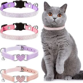 Weewooday 4 Pcs Rhinestone Cat Collar Heart Bling Breakaway Girl Cat Collar Soft Velvet Fancy Cat Collar with Heart Bling Cat Collar Adjustable Safety Kitten Collar with Bell for Kitty(Pink, Purple) in Kuwait