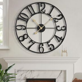 LEIKE Large Modern Metal Wall Clocks 60CM / 24 Inch Rustic Round Nearly Silent Little Ticking Battery Operated Black Roman Numerals Clock for Living Room/Bedroom/Kitchen Wall Decor-60cm