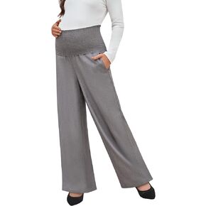 MOMOOD Maternity Work Pants Wide Leg Smocked Waist Cozy Pregnant Pants for Women Loose