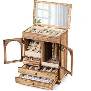 ميراتينو صندوق مجوهرات للنساء، صناديق مجوهرات خشبية ريفية ومنظمات مع مراة، 4 طبقات تخزين مجوهرات للبنات للخواتم والاقراط والقلائد والاساور هدية الكريسماس ورأس السنة الجديدة in Kuwait