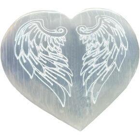 أجنحة ملاك القلب المنقوشة من Xen Minerals Selenite - قلوب وأحجار كريستالية أصلية للشفاء وتوازن الشاكرا، بلورات وصخور على شكل قلب، أحجار كريمة بيضاء شفافة صغيرة مقاس 7.62 سم ​​هالة صحية هادئة in Kuwait