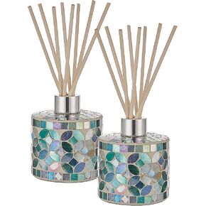 7.3oz Decorative Vertical Mosaic Glass Reed Diffuser Bottle Set with Silver Caps & 16pcs Natural Feed Sticks-Set of 2 - Ideal for Home Fragrance, Bathroom Decoration, Accent (Blue) in Kuwait
