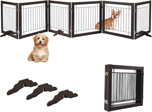 BOEASTER Freestanding Dog Gate 146" Extra Wide Wooden Indoor Pet Gate Stairs Expandable Decorative Wooden Fence Indoor Gate Safety for Doorways and House, Stairs for Small Medium Pets in Kuwait