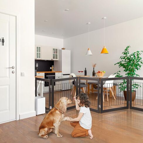 BOEASTER Freestanding Dog Gate 146" Extra Wide Wooden Indoor Pet Gate Stairs Expandable Decorative Wooden Fence Indoor Gate Safety for Doorways and House, Stairs for Small Medium Pets in Kuwait