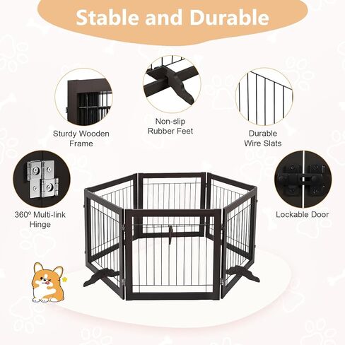BOEASTER Freestanding Dog Gate 146" Extra Wide Wooden Indoor Pet Gate Stairs Expandable Decorative Wooden Fence Indoor Gate Safety for Doorways and House, Stairs for Small Medium Pets in Kuwait